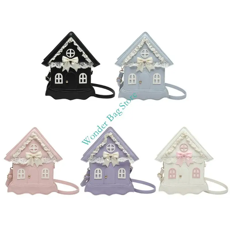 Stylish House-Shaped Shoulder Bag Casual Handbag with Lace Trim and Ribbon Decor Women PU Leather Crossbody Bag for Daily Use