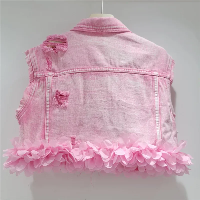 

Summer Fashion Mesh Petal Decoration Big Pocket Hole Pink Short Denim Vest Women New Lapel Sleeveless Cropped Cowboy Waistcoat