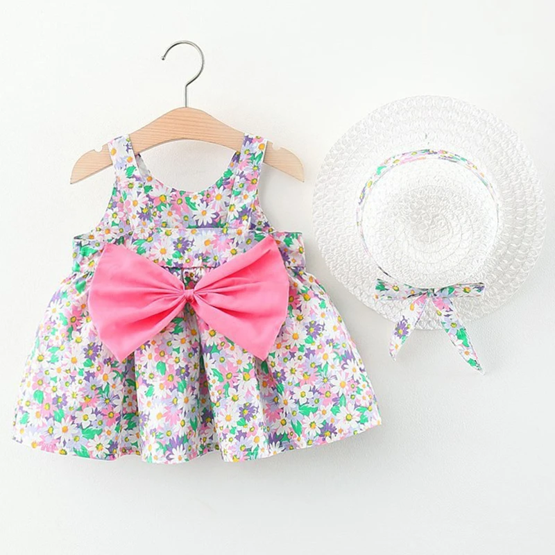 

2Piece Sets Summer Clothes Girls Dress Korean Fashion Flowers Cute Bow Sleeveless Cotton Baby Dresses+Sunhat Newborn Items BC459