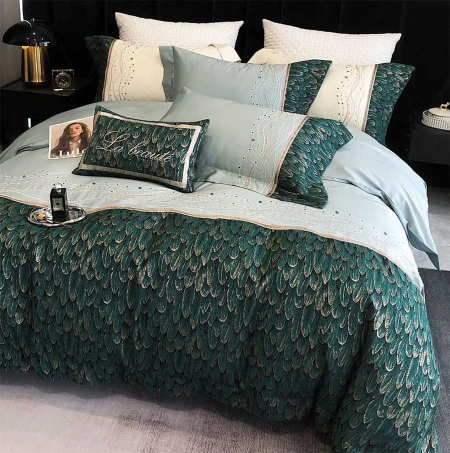 Vintage luxury peacock feather bedding set,full queen king florid embroid cotton home textile bed sheet pillow case quilt cover