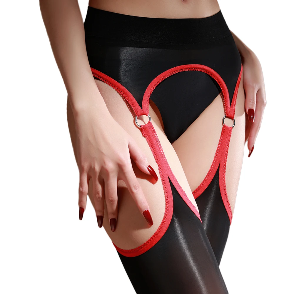 Sexy Women 8D Holow Out Pantyhose Open Crotch Bandage Tights Sheer See Through Oil Glossy Shiny Maid Garters Ring Stockings