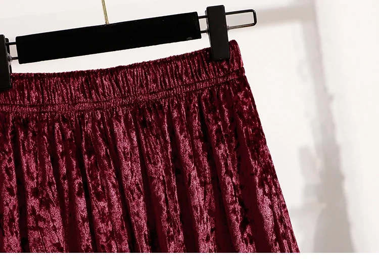 Burgunderroter Plissierter Samt-Midi-Rock für Damen, A-Linie, Herbst/Winter 2026, Vielseitig, Figurbetont, Mittellang, Lässig, Vielseitige Halbrocke – Detail 17