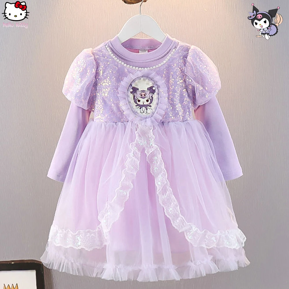 

Kuromi Girls Dress Sanrios Anime Kawaii Kids Spring Sequin Pearls Purple Tulle Dress Lolita Princess Birthday Party Dress Gift