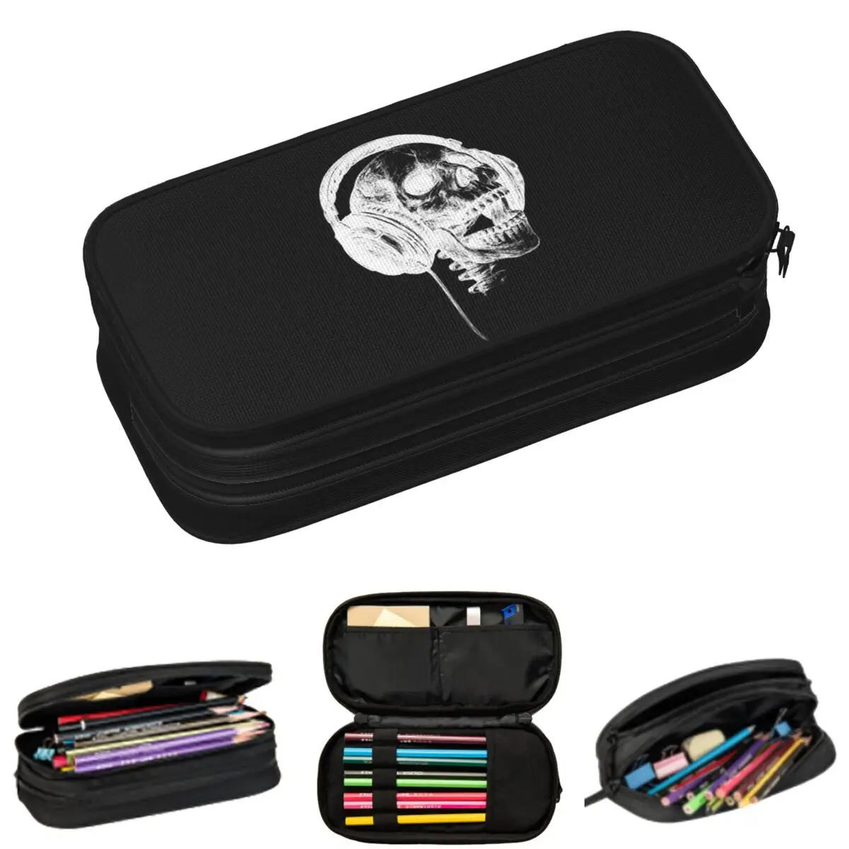 

Music Headset Skull Pencil Cases for Student School Pen Box Pencil Bag Large Storage Pencil Pouch