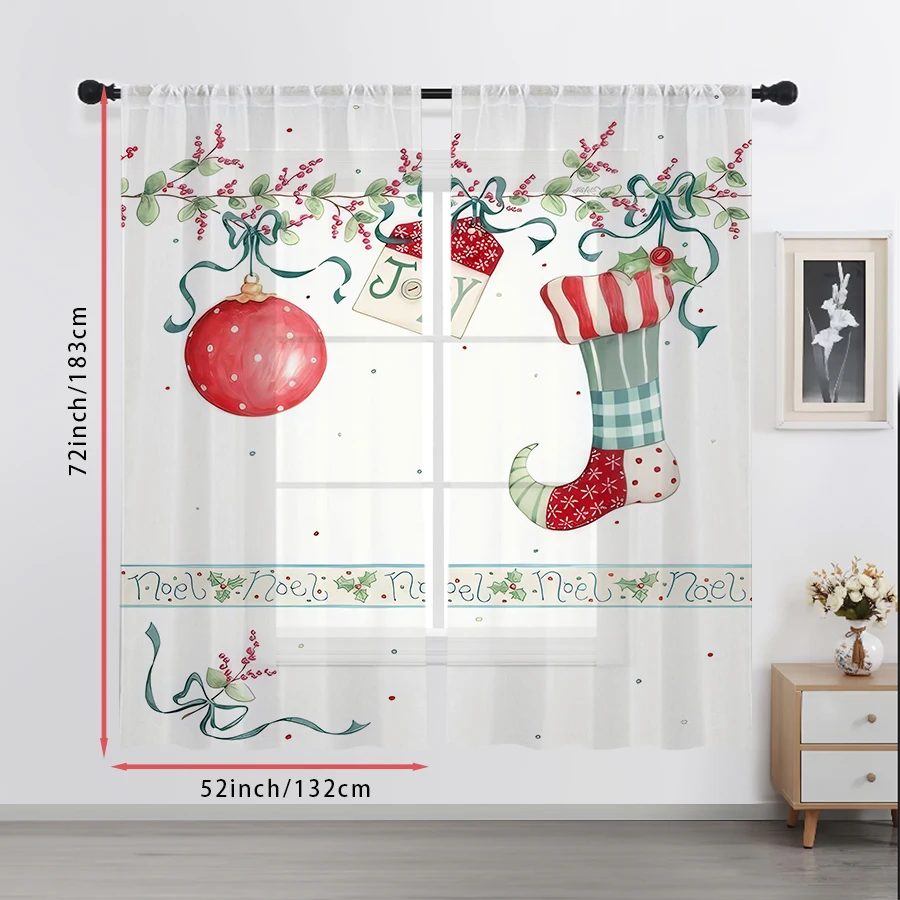 2PCS Bauble Stocking Sheer Curtains, Holly Berry Noel Christmas Print, Rod Pocket Window Drapes for Xmas Holiday Home Decor view 3