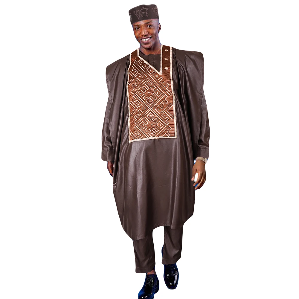 H&D African Clothes for Men Tradition Wedding Party Clothing Robe Embroidery Brown Shirt Pants 3 Pcs Set Dashiki Agbada Ramadan