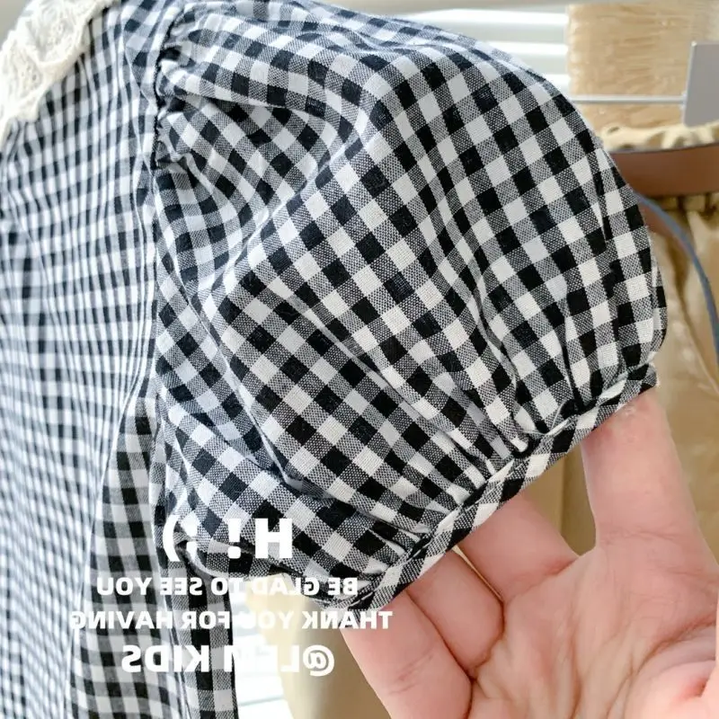 Korean Kids Summer New Girls Shirt Sweet Lace Plaid Bubble Short Sleeve Ruffle Collar Top