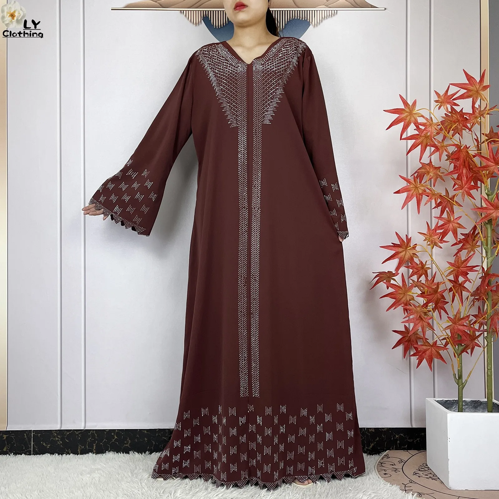 New Muslim Fashion Women Dress Chiffon Diamond Long Sleeves Casual Clothing African Abaya Women Robe Dubai Turkey Islamic Robe