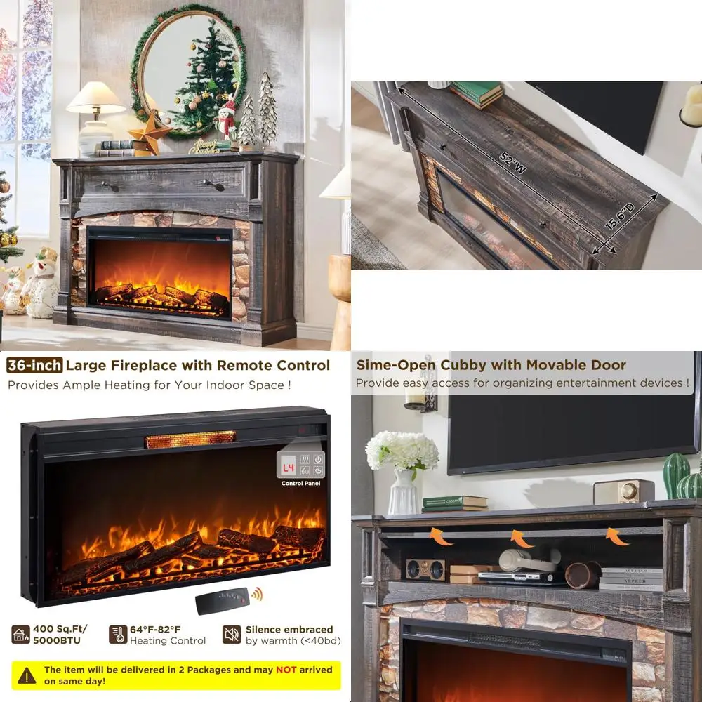 

52 Inch Farmhouse Style Electric Fireplace with Mantel and Tall TV Stand Featuring Side-Open Storage