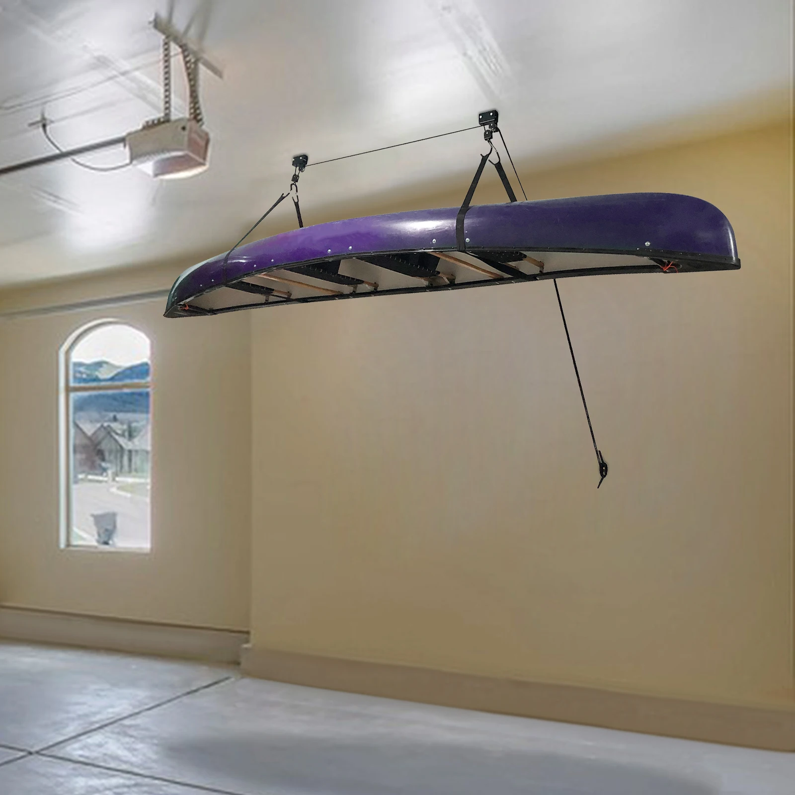 2 قطعة رافعة قوارب الكاياك والزورق، نظام بكرة تثبيت على سقف الدراجة، رافعة تخزين شديدة التحمل على المرآب، لقوارب الكاياك والزوارق