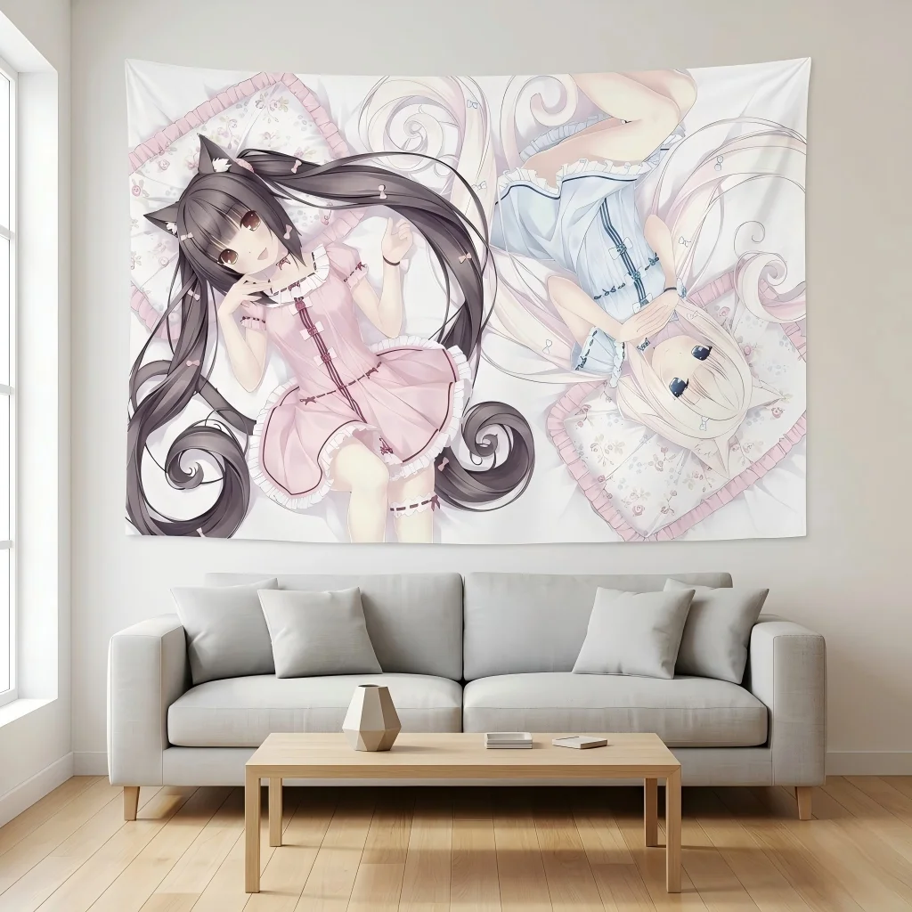1 Stück N-Nekopara Chocola Vanilla Pyjama Wandteppich Zwillingskatzen Mädchen Blumenmuster Wandbehang Kawaii Deko Schlafzimmer Wohnheim Otaku Fans – Detail 6