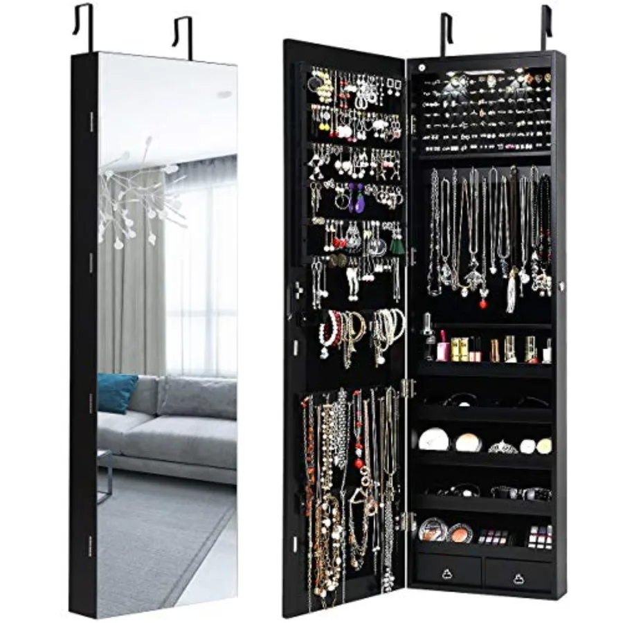 

Over the Door Jewelry Organizer Hanging Jewelry Storage Cabinet w/Full-Length Inner Makeup Mirror Earring Shelves Ring Slots 25