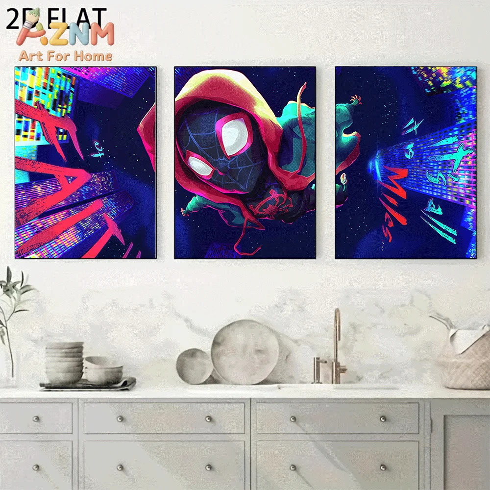 AZNM Miles Morales Spider-Man Neon City Canvas Wall Art Frameless Poster Into The Spider-Verse Colorful Superhero Print Home Dec
