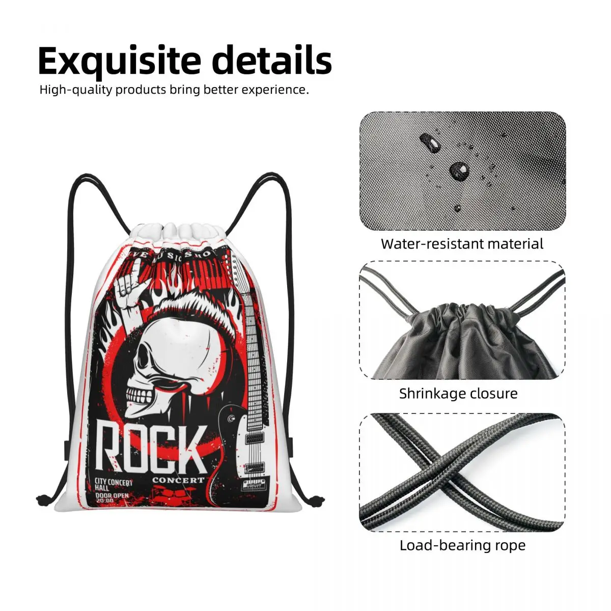 Retro Skull Guitar Rock Music Concert zaino con coulisse borsa da palestra sportiva per donna uomo Heavy Metal Festival Shopping Sackpack