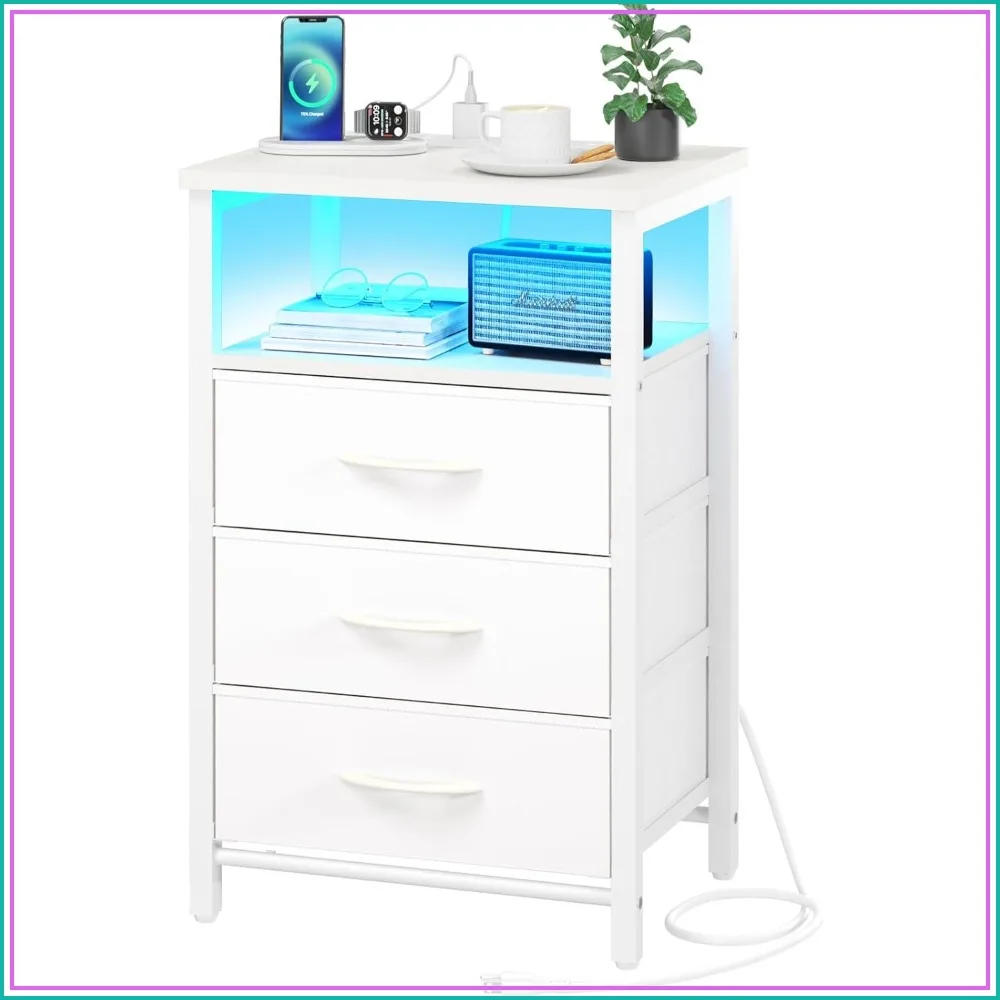 LED Nightstand with Charging Station, 16 Colors, USB Ports & Outlets, 3 Fabric Drawers, White