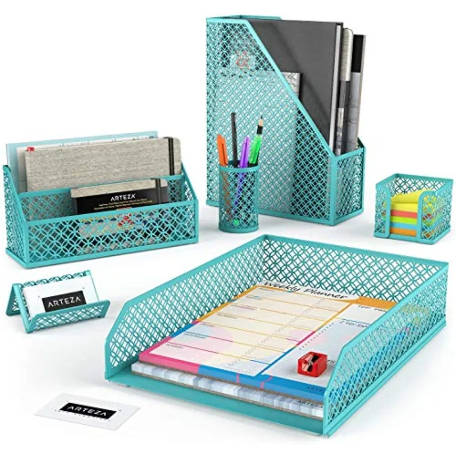 

Набор из 6 предметов для организации рабочего стола в цвете бирюзовый: незаменимый органайзер для дома и офиса, включает в себя подставку для бумаг, держатель для карандашей, подставку для писем.