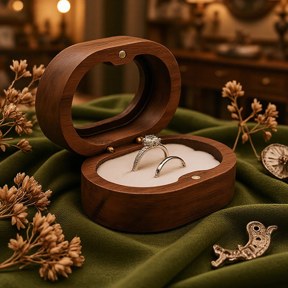 Handmade Walnut Wood Ring Box with Transparent Lid Romantic Engagement Jewelry Case for Couple Custom Engraved Personalized Name