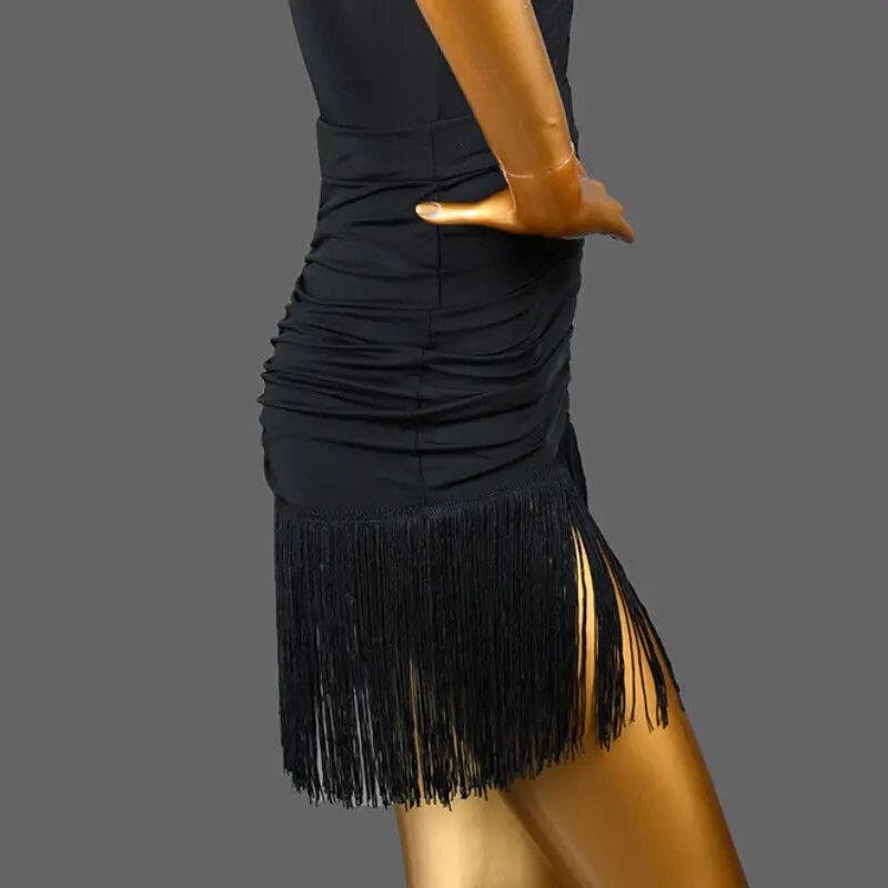 Women Black Latin Dance Skirt Tassel Wrap Ruched Ballroom Skirts Rumba Samba Tango Chacha Ruffles Skirts Belly Dance Costume