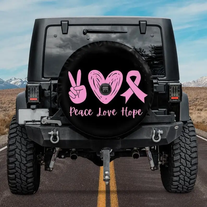 Awareness Ribbon Spare Tire Cover Any Color, Love Peace Hope Spare Tire Cover with backup camera hole, Car Accessories Women, Pi