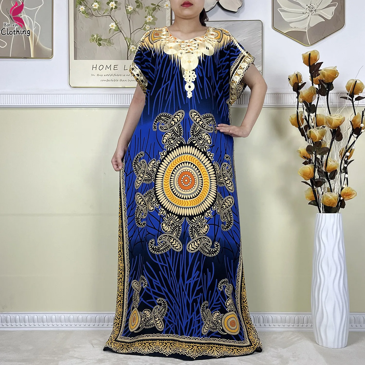 New Style African Abaya Summer Women Dashiki Dresses Floral Loose Boubou Maxi Robe Dubai Islam Women Short Sleeve Casual Dress