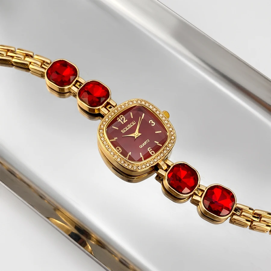 ‌Fashion Watch for Women: Square Diamond-Set Face Colorful Crystal Band Vintage Elegance Statement Piece view 6