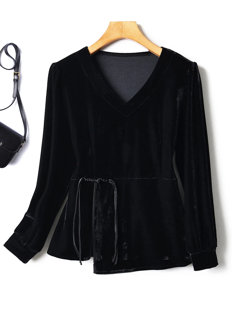 

Slimming Long Sve V-Ne Velvet T-irt Women's High-End New Chinese Sle Small irt Waist Cinching No Tag Gold Velvet