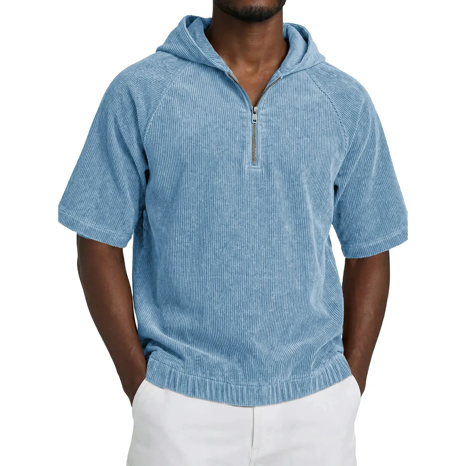 2026 Summer American Retro Hooded Tshirt Men Solid Corduroy Short Sleeve Pull On T-Shirts Male Sports Hooded Tees Casual Tops
