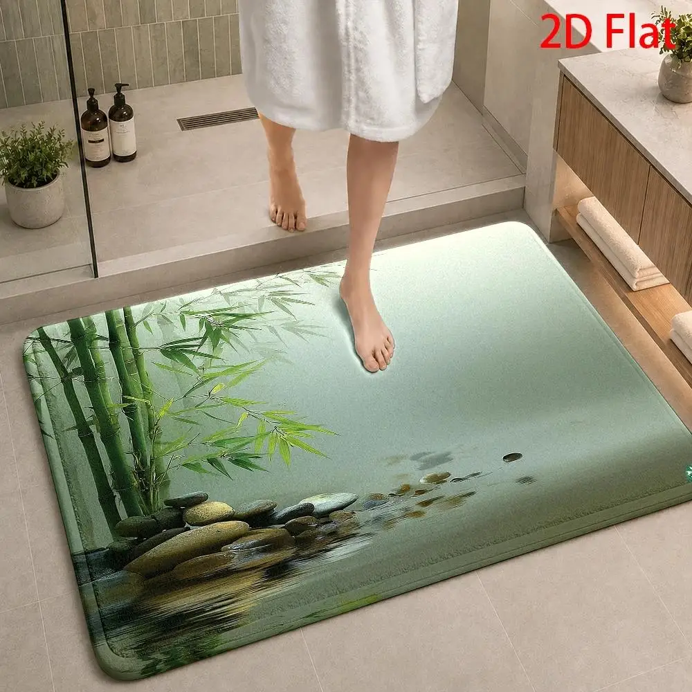Waterproof Bathroom Bath Rug Mat Bamboo Nature Zen Design Polyester Quick Dry Floor Decor for Home Use