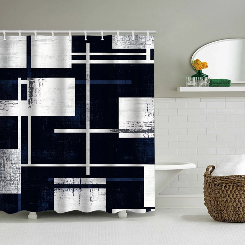 4/1 Geometric Pattern Shower Curtain Set, Toilet Seat Decoration, Shower Curtain with Carpet and Toilet Lid, Size 70.8x70.8 inch