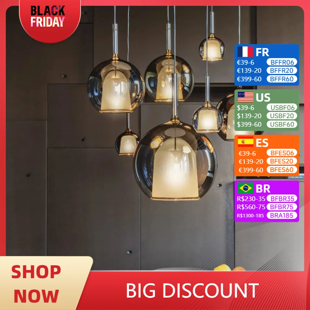 Modern LED Suspension Lamp for Restaurant Smoke Gray Indoor Island Hanging Light Fixtures Round Glass Ball Kitchen