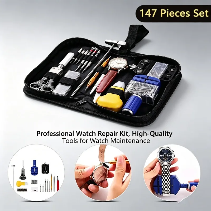 147 Pieces Watch Repair Tool Set Professional Watchmaker Kit for Battery Change Strap Adjustment Back Case Opener Pin Removal