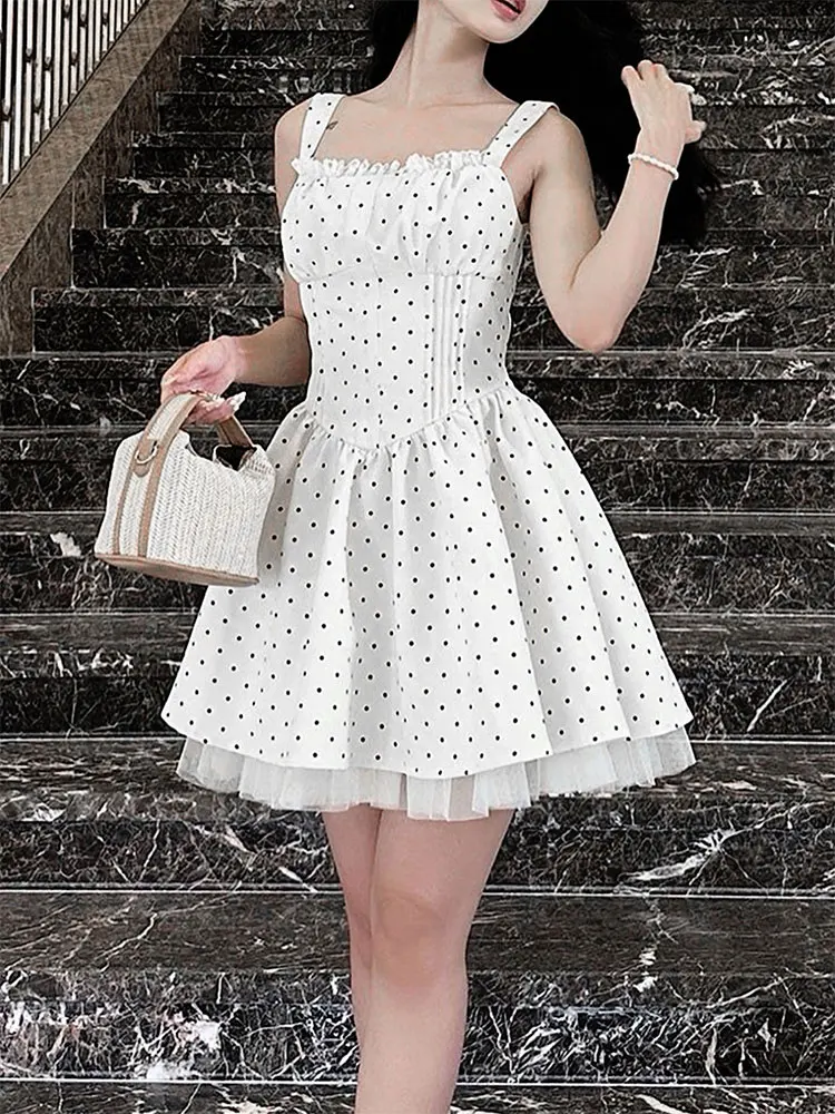 GELITAYIN Summer New Women A-Line Dresses Streetwear Fashion Dot Print Tank Sleeve Lace-up Dress Casual Slim Sexy Female Backles