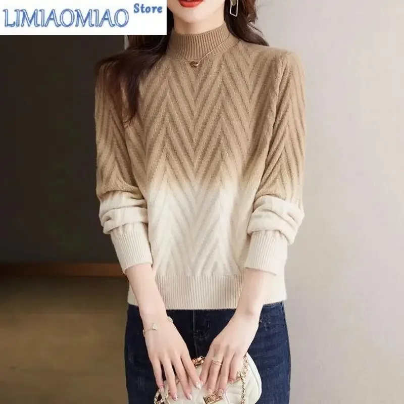High Street Long Sleeve Sweater Knitted Pullover Autumn Winter Contrast Color Round Neck Women's Clothing Flattering Tops