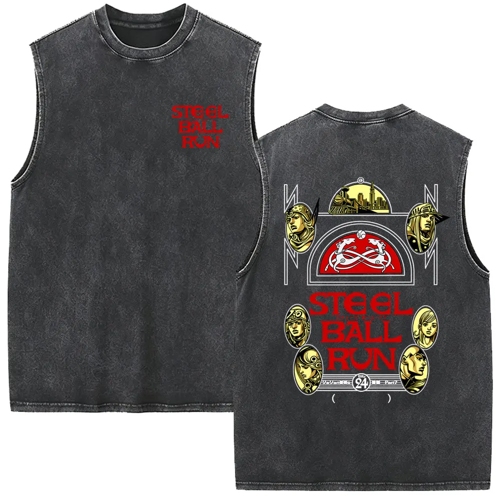 Anime JoJo's Bizarre Adventure Steel Ball Run Gyro Zeppeli Vintage Washed Tank Tops Men Manga Oversized Sleeveless Vest T Shirts