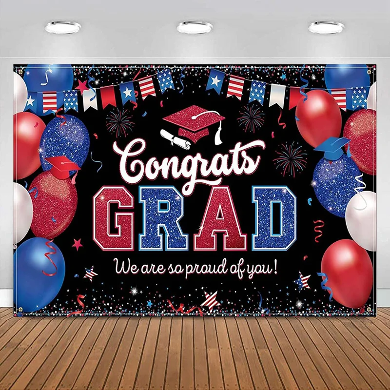 

Graduation Prom Party Backdrop Decoration Congrats Grad Banner School Red and Blue We are So Proud of You Photography Background