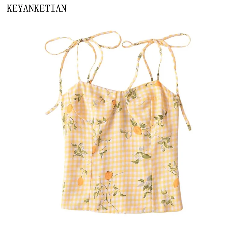 KEYANKETIAN 2024 New Launch Pastoral style Fruit Print Lace-up Plaid Vest Women Back Zipper Corset Chiffon Camisole Crop Top