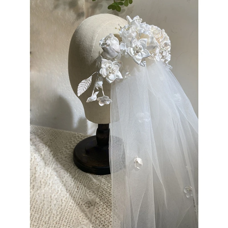satin bud gradient hair comb floral veil hard yarn modeling wedding head jewelry