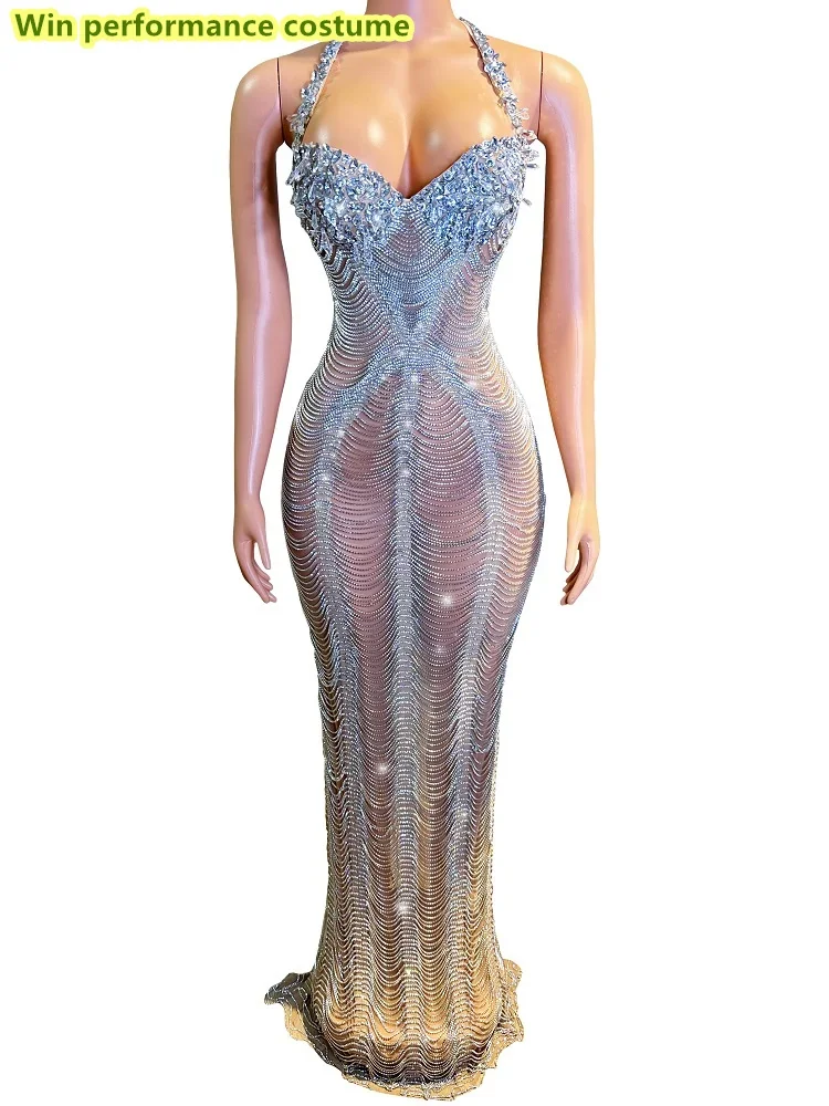 Bar Singer Stage Party Performance Clothing Luxury Heavy Industry Full Diamond Chain Hanging Neck Open Back Dress