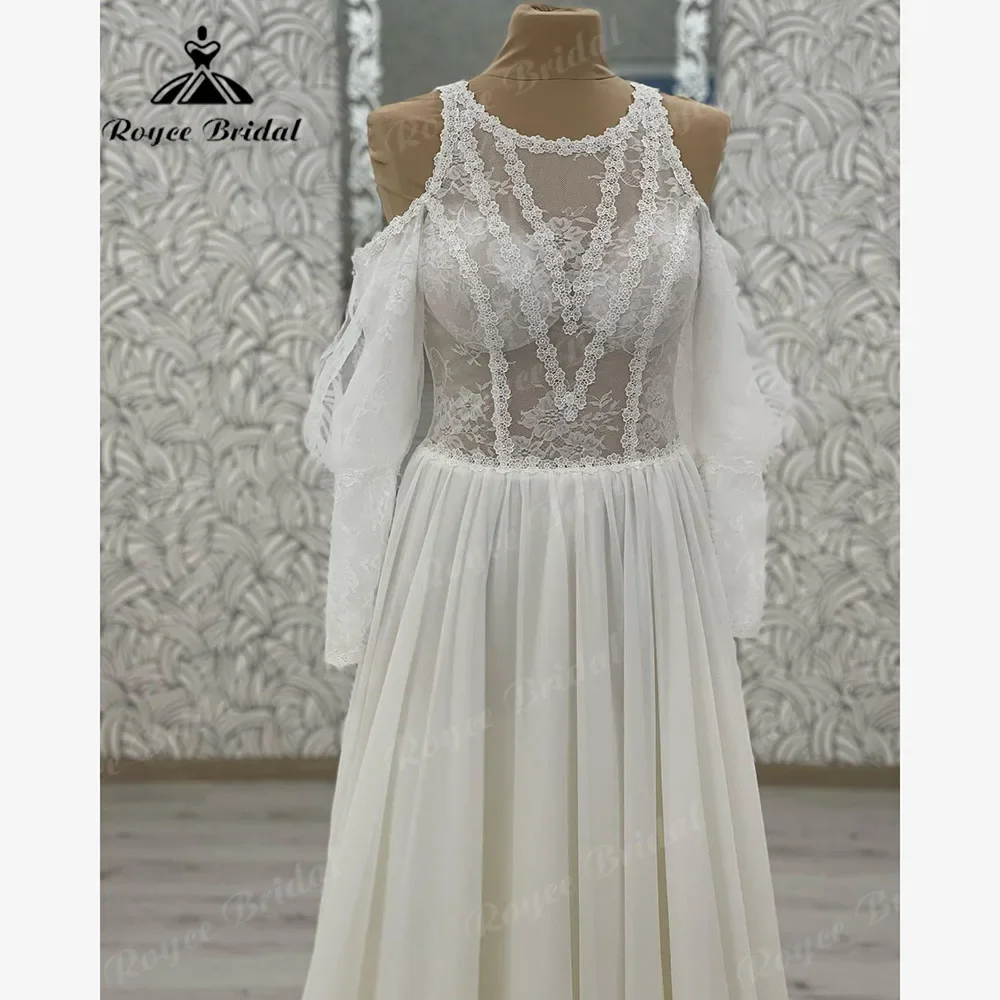 Roycebridal-Boho flowy vestido de noiva para mulheres, ombro, chiffon, renda, ilusão chique, praia, vestido de noiva, plus size, 2024