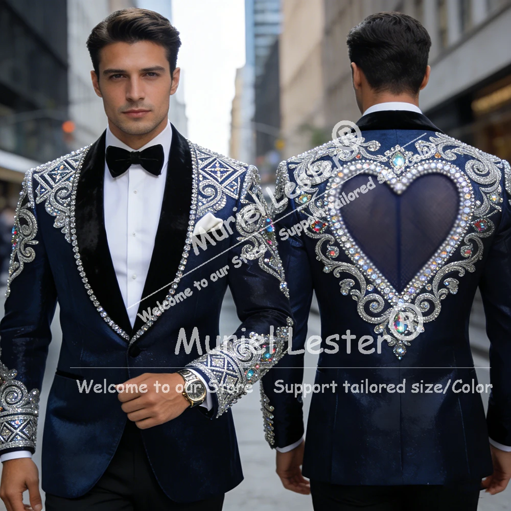 

Metallic Diamond Beaded Suit Men Unique Design Shawl Label Prom Blazers Customized 2 Piece Sets Groom Wedding Tuxedo Ropa Hombre