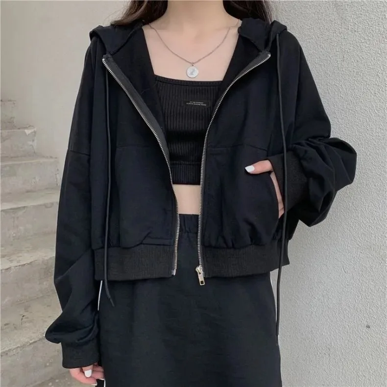 Short Hoodies Women Spring and Autumn Zip Cardigan Jacket Solid Color Hooded Long-sleeved Top Korean Fashion Sweatshirt