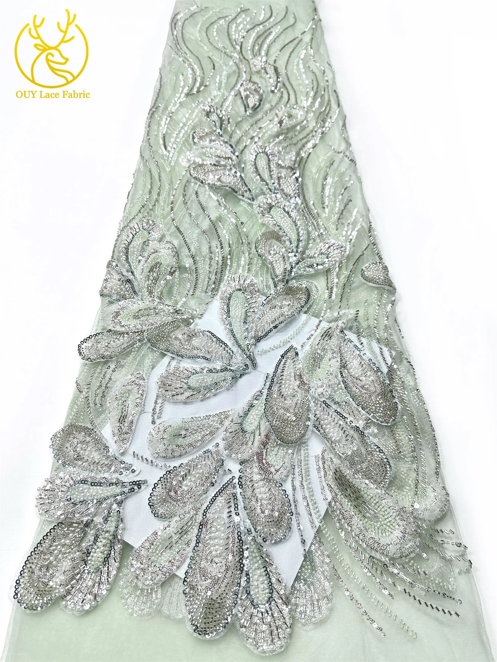 3D Luxus Afrikanischer bestickter Perlen-Mesh-Spitzenstoff, 5 Yards, französischer Tüll-Pailletten-Spitzenstoff für nigerianische Hochzeitskleider zum Nähen – Detail 16