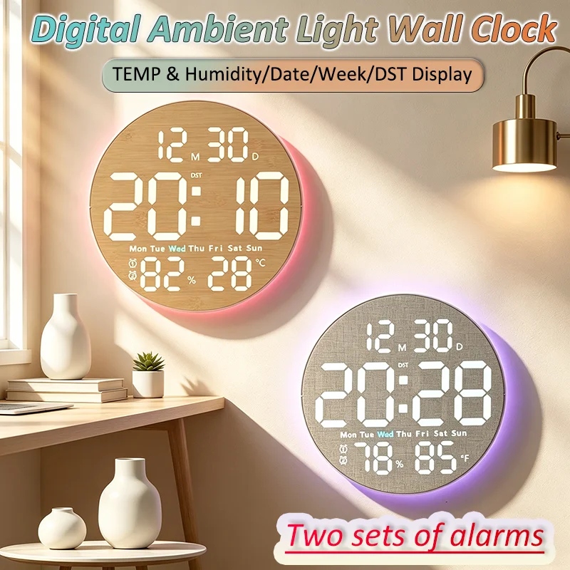 10-Zoll Digitale Wanduhr mit Ambientebeleuchtung, Anzeige von Temperatur/Luftfeuchtigkeit/Datum/Woche/Sommer-/Winterzeit, LED-Wecker mit zwei Alarmen für Wohnzimmer und Zuhause