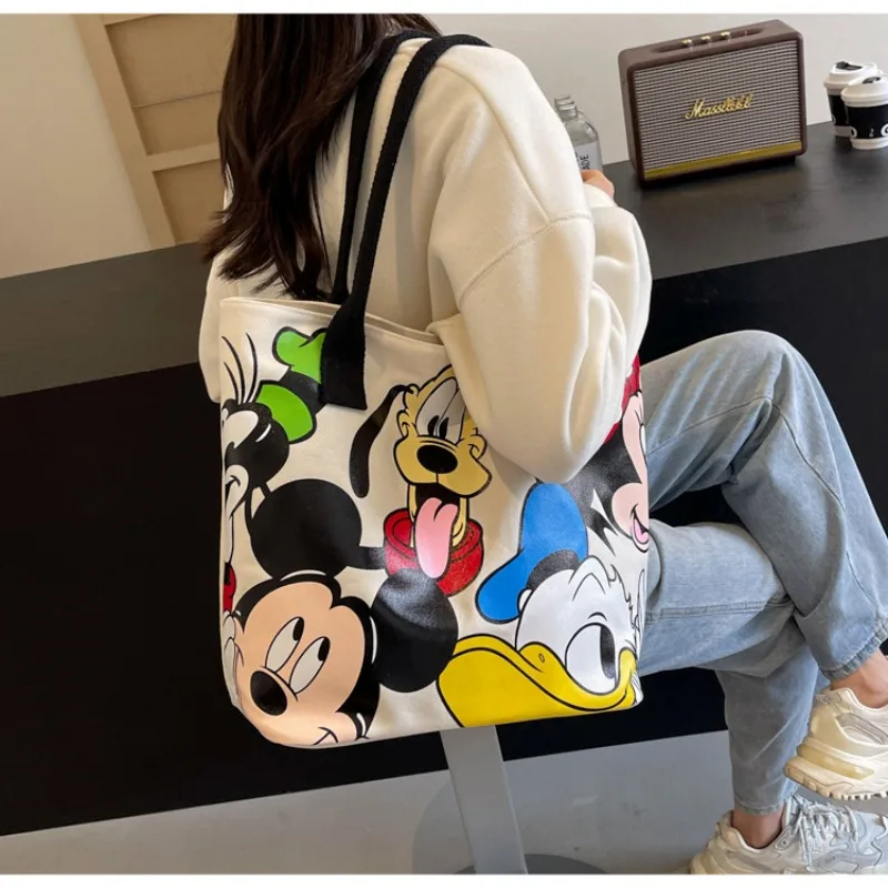 DisneyCartoon Mickey Fashion Versatile LargeCapacity Canvas Shoulder Bag Women\'s Casual Versatile Tote Bag Student Class Handbag