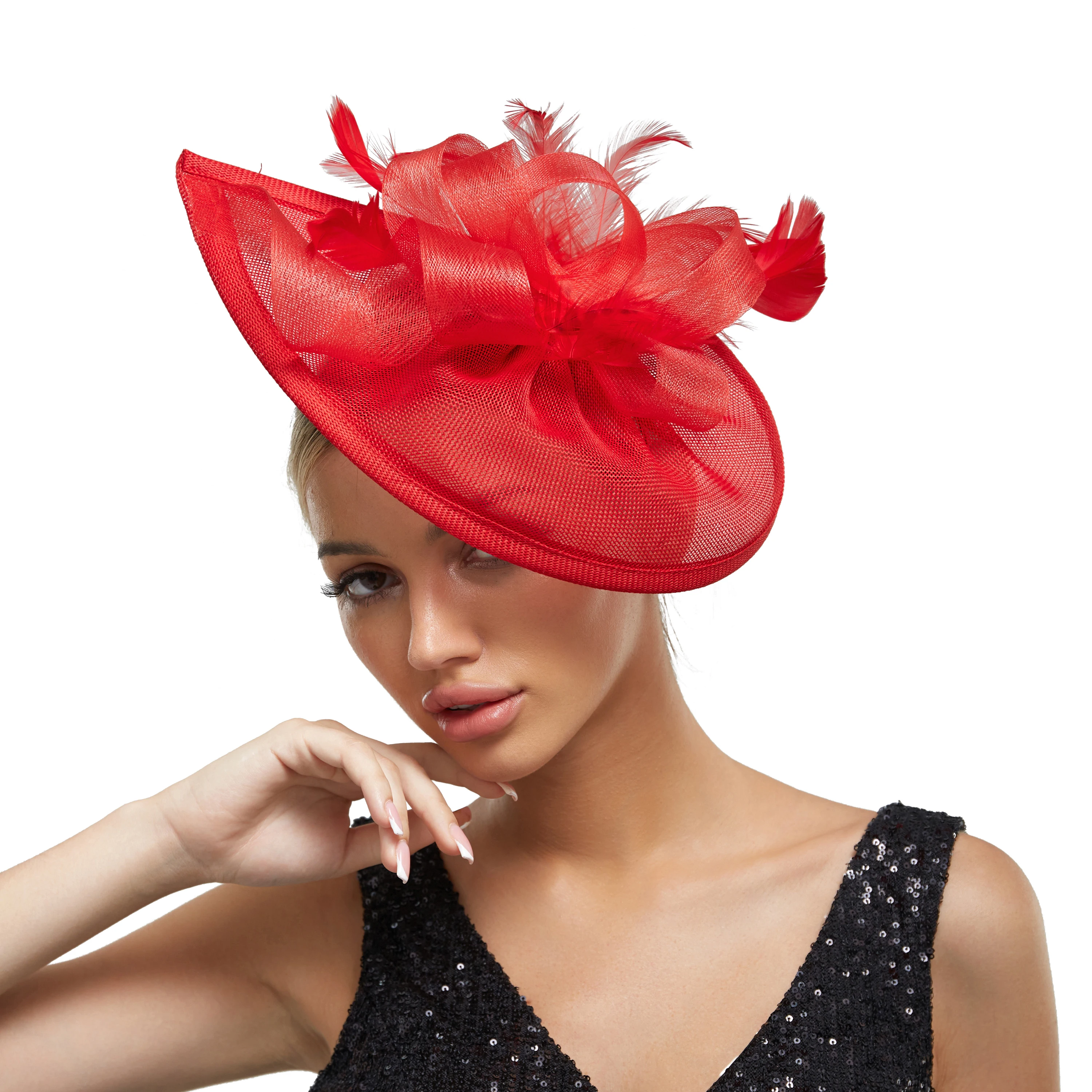 Red feather mesh fascinator hat with flower accent