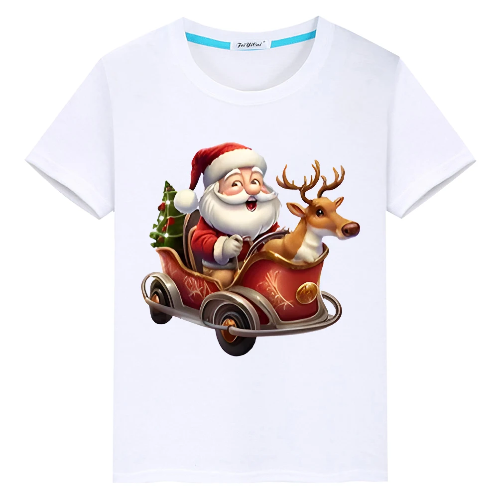 

Christmas Santa rides snowmobile print t shirt for kids boy 10year anime Short Tops 100%Cotton Tees y2k one piece girl clothes