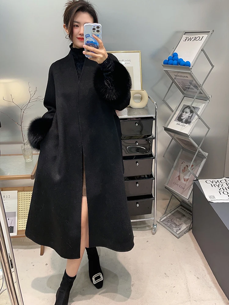2024 New Fashion Winter Cashmere Wool Woolen Long Coat Real Fur Jacket Women Natural Fox Fur Cuffs Ladies Outerwear Female Coat