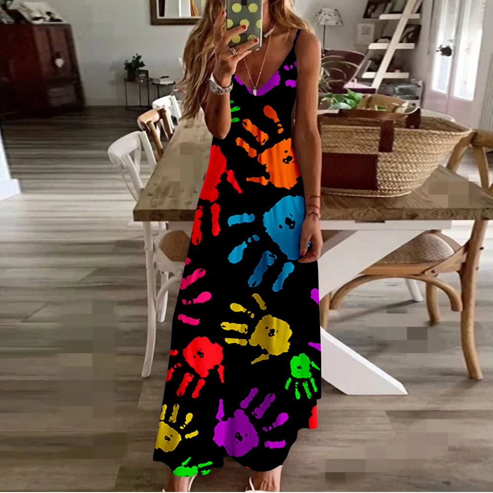 

Spring Summer Women V-Neck Painted Graffiti Printed Sexy Beach Long Maxi Dress Split Sleeveless Clothing Holiday Vestido