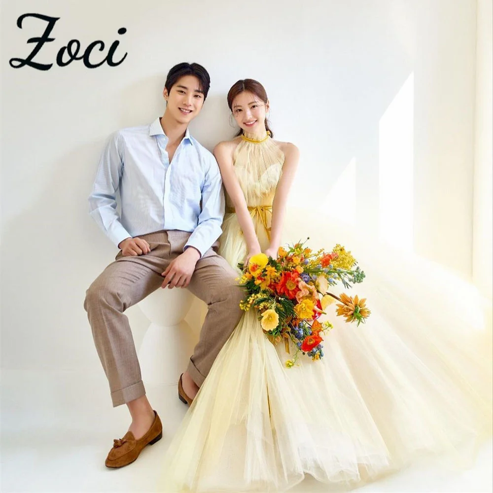 

Zoci Halter Neck Korea Wedding Dresses Yellow Sleeveless 웨딩드레스 A Line Evening Gown Customized Corset Wedding Photos Shoot Dress