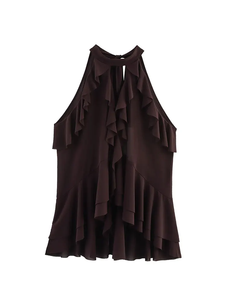 2025 verão babados curto topo feminino sem mangas halter topos para mulheres elegante colheita sexy senhoras regata ﻿